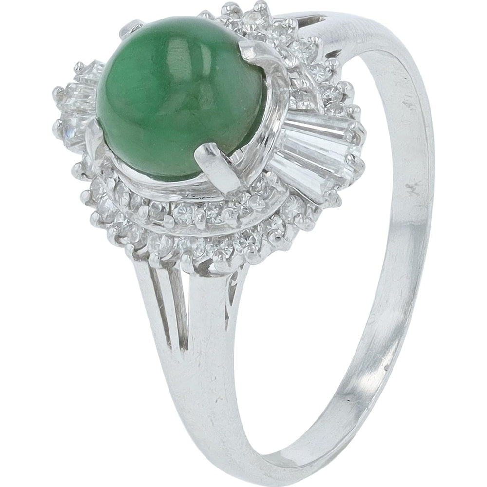 Platinum 900 Halo Ring with 1.75 Carat Cabochon Jade and 0.57 Carat Mixed-Cut Diamonds