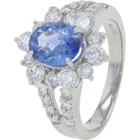 Platinum 900 Halo Ring with 1.83 Carat Oval Ceylon Sapphire and 1.07 Carat Round Diamonds - GIA Certified