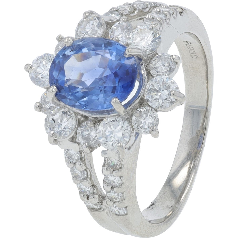Platinum 900 Halo Ring with 1.83 Carat Oval Ceylon Sapphire and 1.07 Carat Round Diamonds - GIA Certified