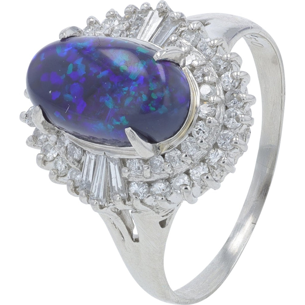 Platinum 900 Halo Ring with 1.87 Carat Oval Cabochon Black Opal and 0.50 Carat Mixed Round and Baguette Diamonds - Size 7.25