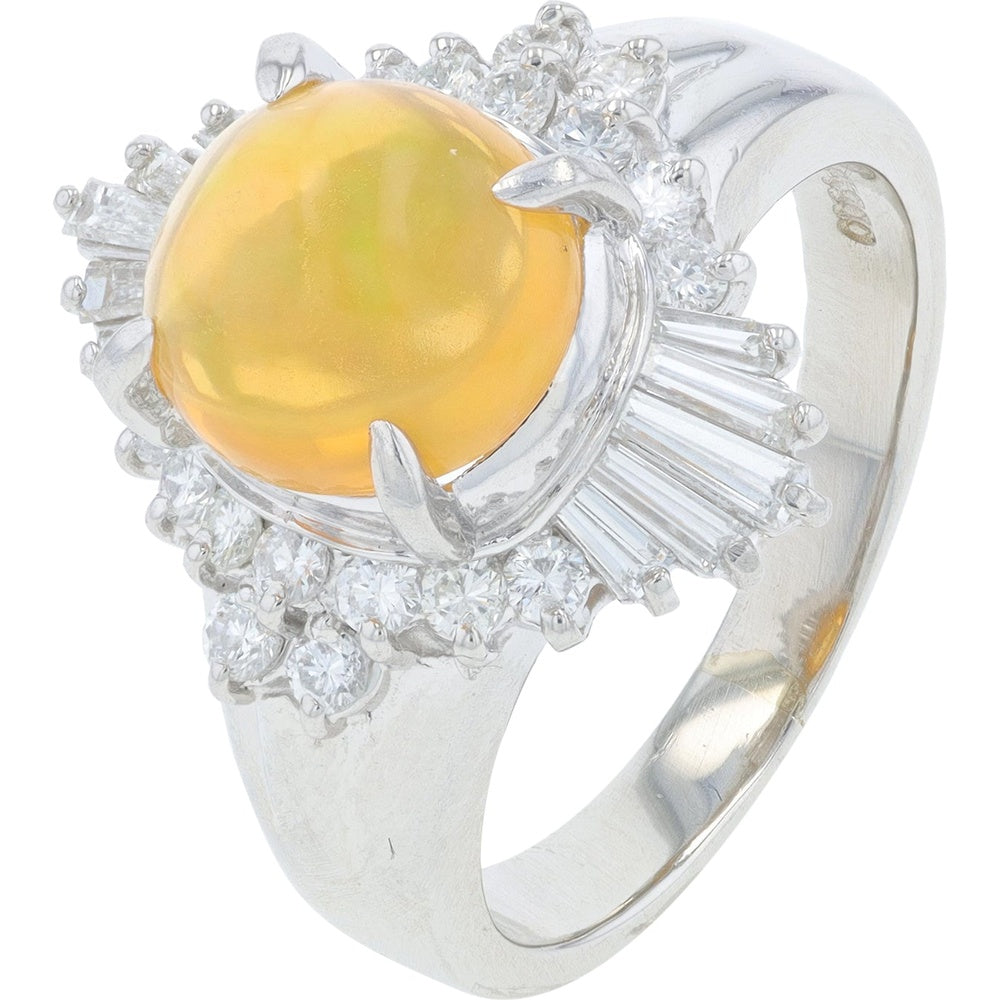 Platinum 900 Halo Ring with 1.95 Carat Cabochon Fire Opal and 0.71 Carat Round and Baguette Diamond Accents