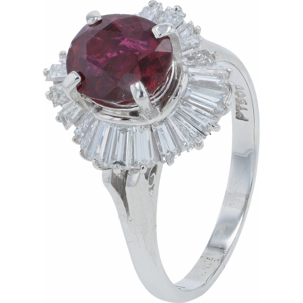 Platinum 900 Halo Ring with 2.10 Carat Oval Ruby and Baguette Cut Diamonds - 1.01 Carat Total Diamond Weight