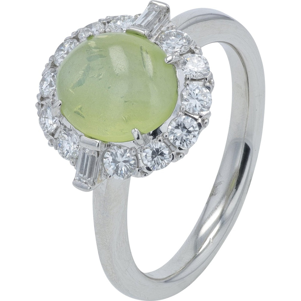 Platinum 900 Halo Ring with 2.43 Carat Cabochon Cat's Eye and 0.45 Carat Total Round and Baguette Diamonds - Size 6.25