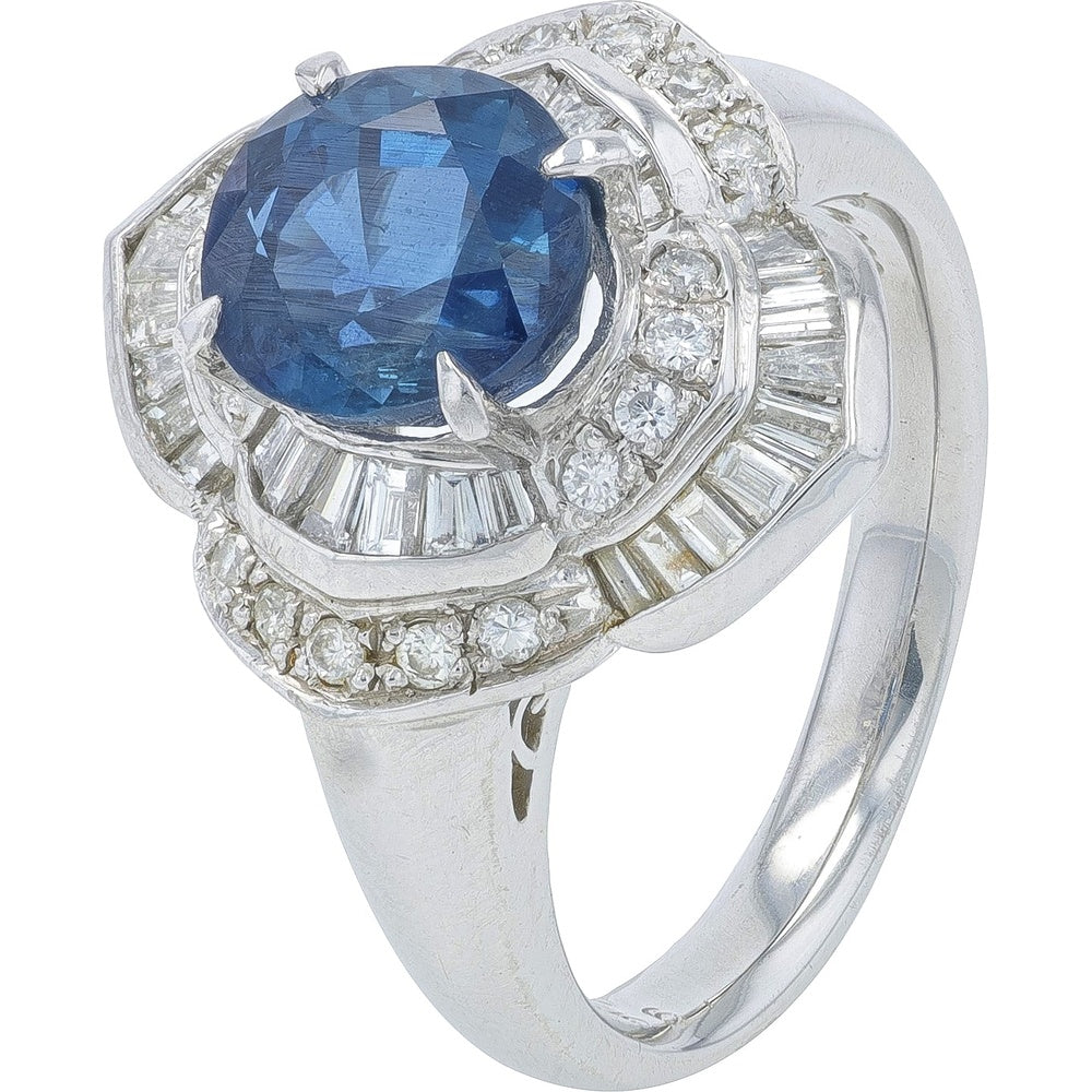 Platinum 900 Halo Ring with 2.67 Carat Sapphire and 0.45 Carat Baguette and Round Diamonds - Size 5.75