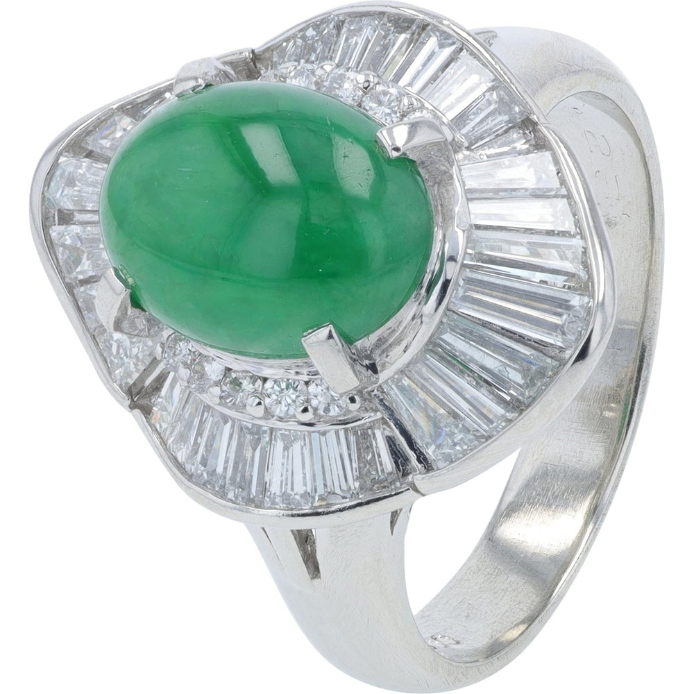 Platinum 900 Halo Ring with 2.81 Carat Cabochon Jade and 1.23 Carat Baguette and Round Diamonds
