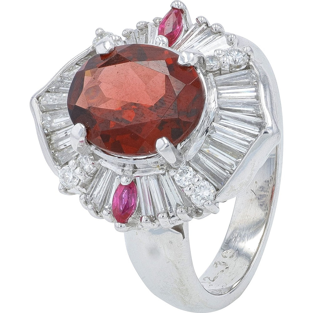 Platinum 900 Halo Ring with 2.92 Carat Oval Garnet, Baguette Diamonds, and Marquise Ruby Accents - 0.70 Carat Total Diamond Weight
