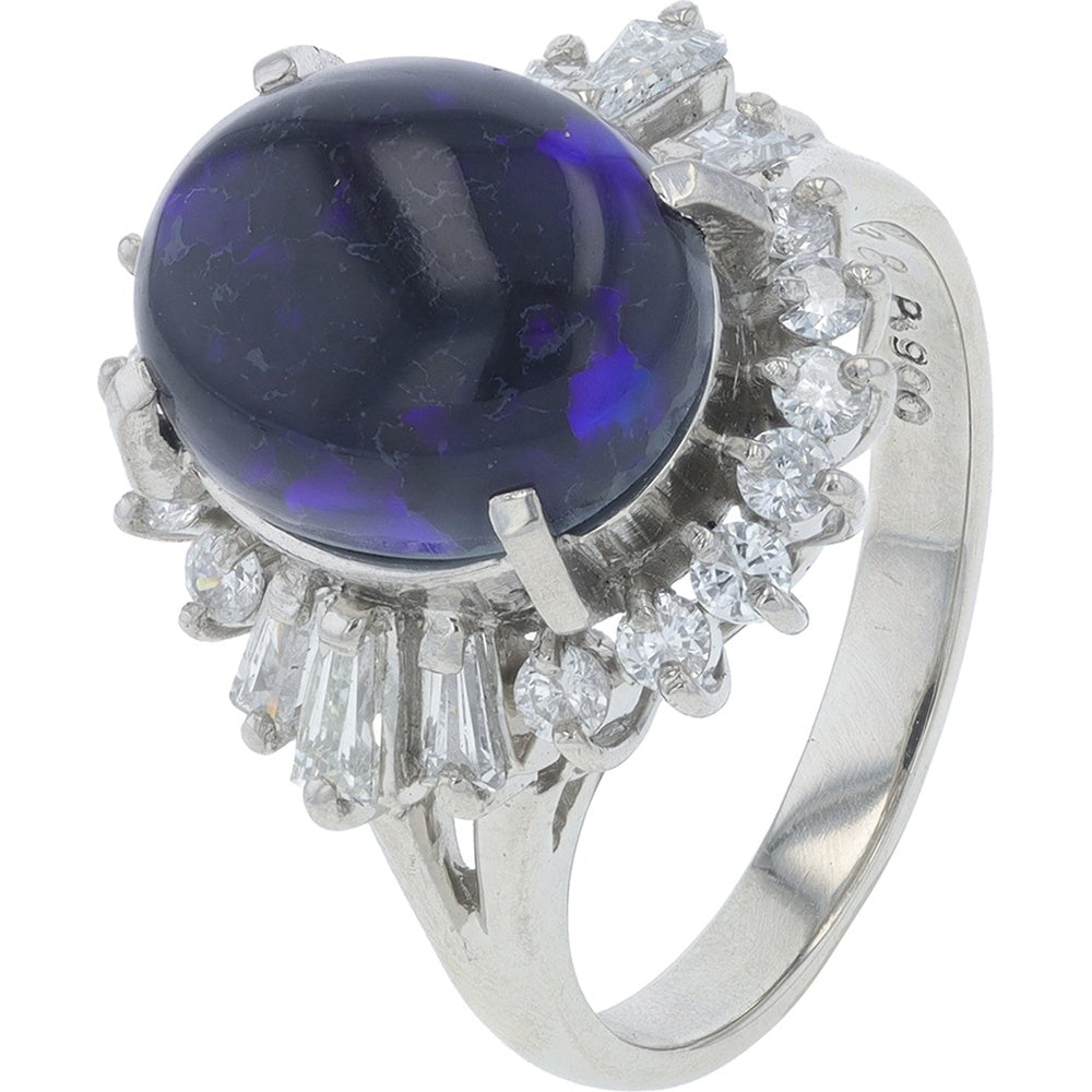 Platinum 900 Halo Ring with 3.88 Carat Oval Black Opal and 0.68 Carat Mixed-Cut Diamonds