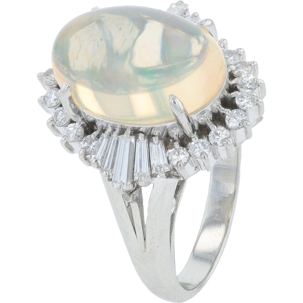 Platinum 900 Halo Ring with 4.57 Carat Cabochon Opal and 0.65 Carat Mixed-Cut Diamonds - Size 6.25