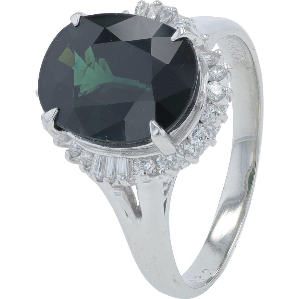 Platinum 900 Halo Ring with 4.58 Carat Oval Sapphire and 0.32 Carat Accent Diamonds - Size 7.75