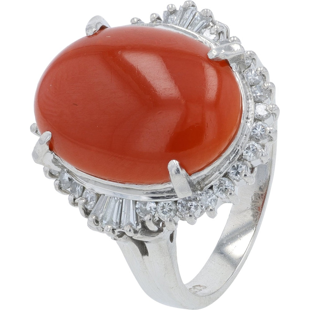 Platinum 900 Halo Ring with 4.63 Carat Cabochon Coral and 0.51 Carat Round and Baguette Diamonds - Size 5.75
