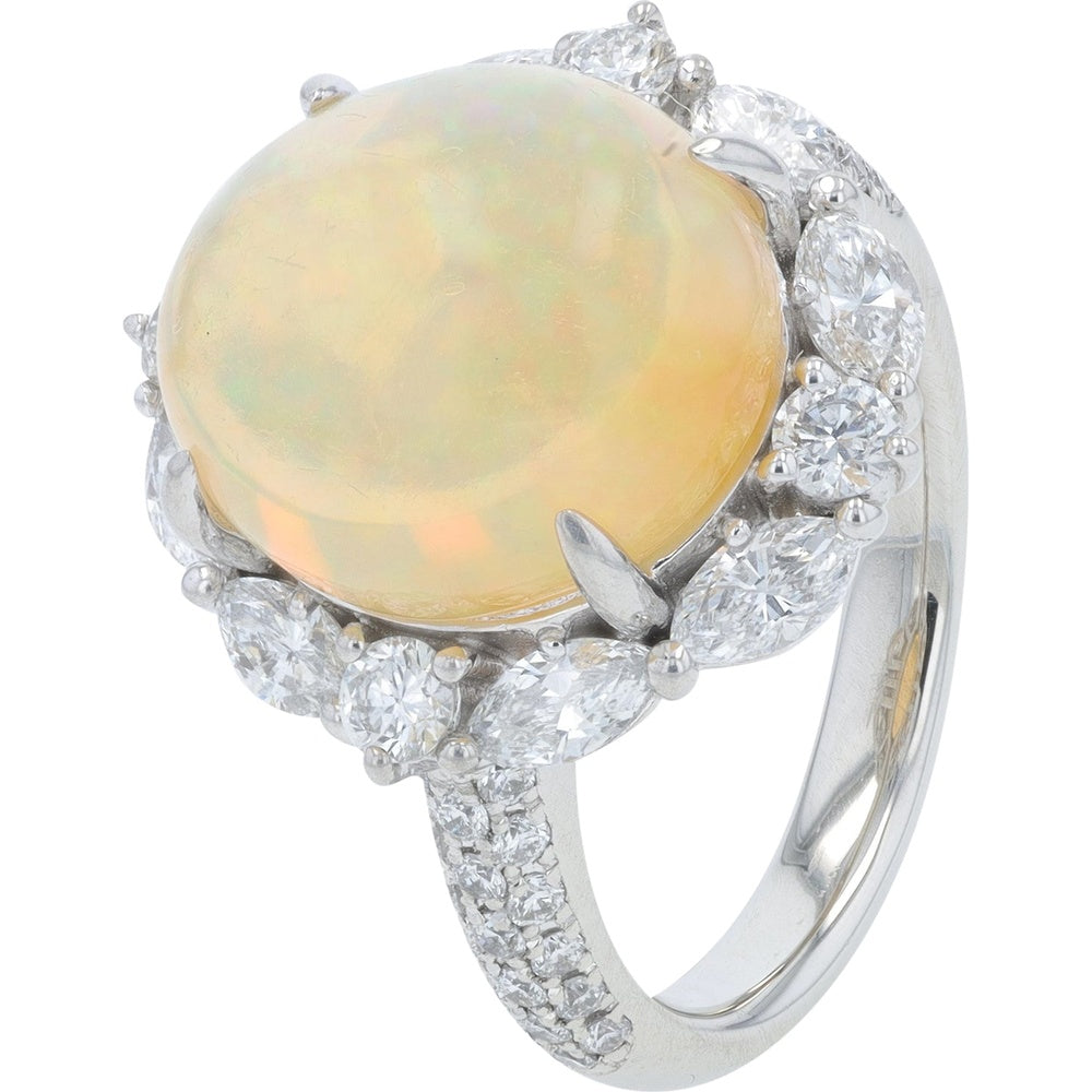 Platinum 900 Halo Ring with 5.19 Carat Cabochon Opal and 1.14 Carat Marquise and Round Diamond Accents - Size 5