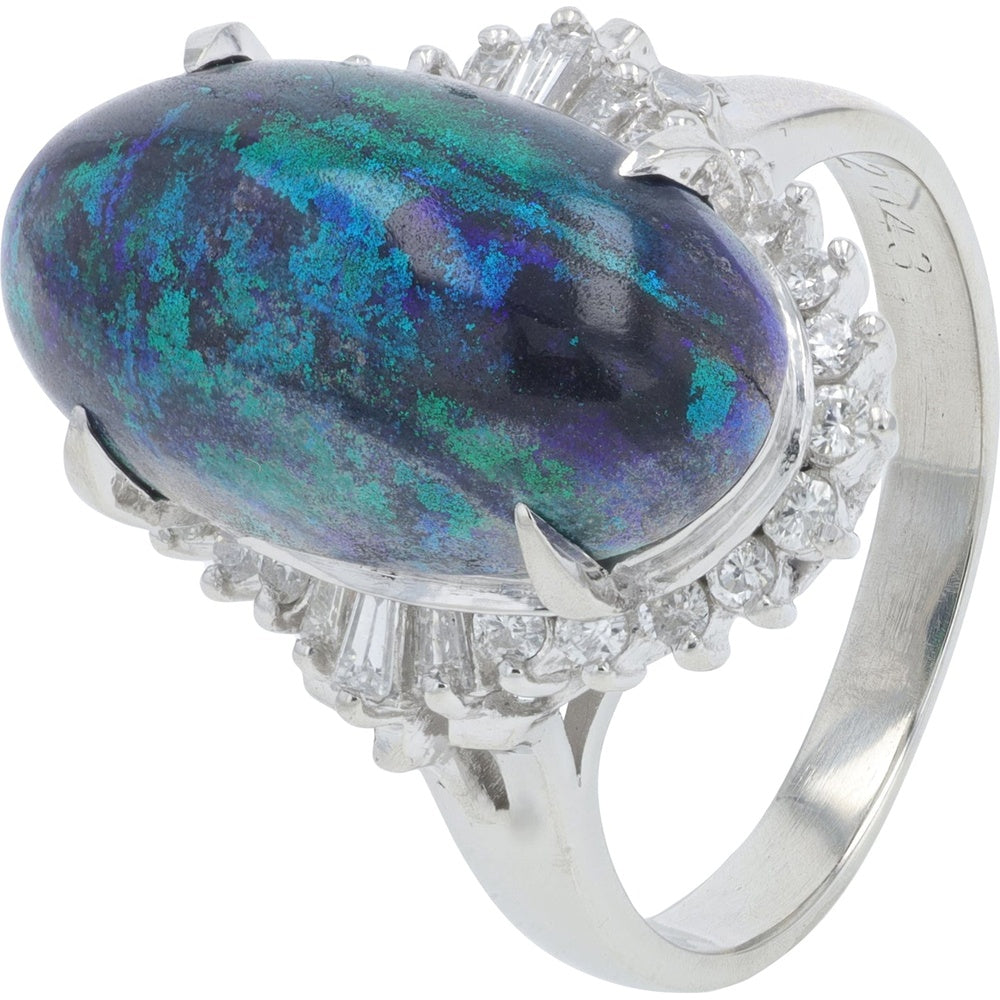 Platinum 900 Halo Ring with Cabochon Carbonized Black Opal and Round Brilliant Diamonds - 6.02 Carat Opal and 0.43 Carat Diamond Total Weight