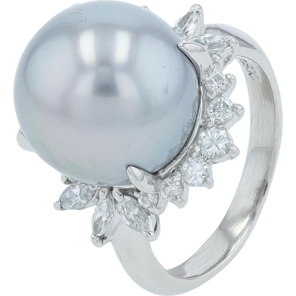 Platinum 900 Halo Ring with Center Pearl and 0.69 Carat Diamond Accents