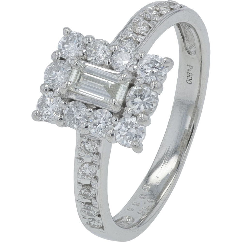 Platinum 900 Halo Ring with Emerald Cut and Round Brilliant Diamonds - 0.71 Carat Total Diamond Weight