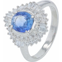 Platinum 900 Halo Ring with Oval 1.38 Carat Sapphire and Baguette and Round Diamond Accents - 0.56 Carat Total Diamond Weight