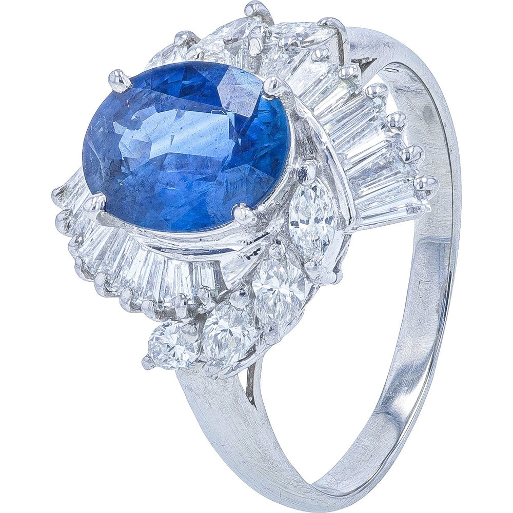 Platinum 900 Halo Ring with Oval 2.11 Carat Sapphire and 0.89 Carat Diamond Cluster Accents - Size 7.75