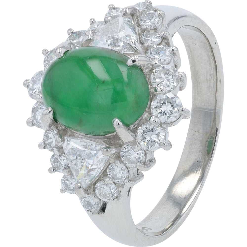 Platinum 900 Halo Ring with Oval Cabochon Jade and Mixed Trillion & Round Diamonds - 2.097 Carat Jade and 1.27 Carat Diamond Total Weight