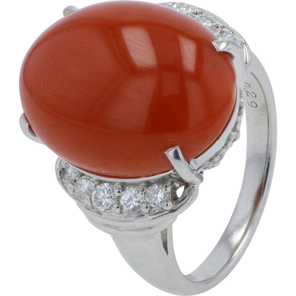 Platinum 900 Halo Ring with Oval Cabochon Red Coral and Round Diamonds - 0.29 Carat Total Diamond Weight