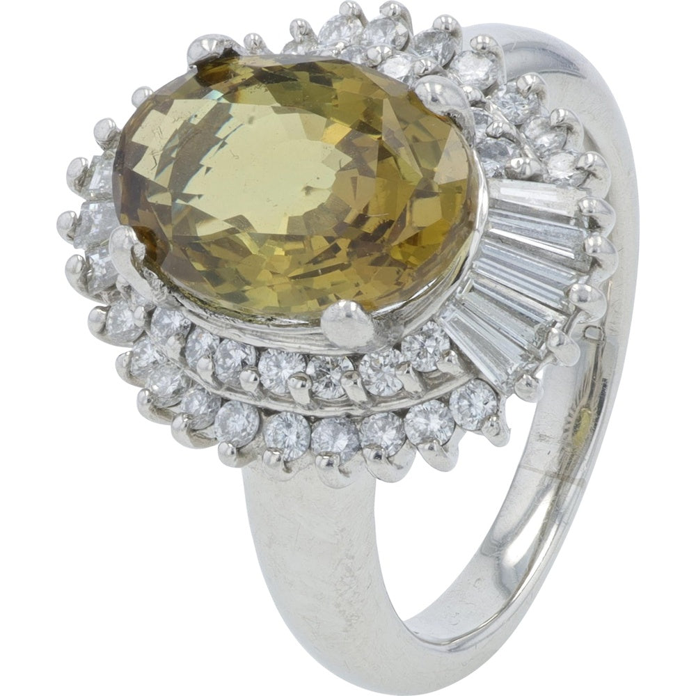 Platinum 900 Halo Ring with Oval Chrysoberyl and Mixed-Cut Diamonds - 3.87 Carat Chrysoberyl and 1.08 Carat Total Diamond Weight