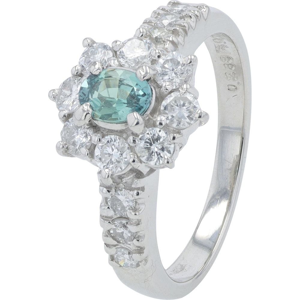 Platinum 900 Halo Ring with Oval Color-Changing Alexandrite and Round Diamonds - 0.28 Carat Alexandrite and 0.66 Carat Total Diamond Weight