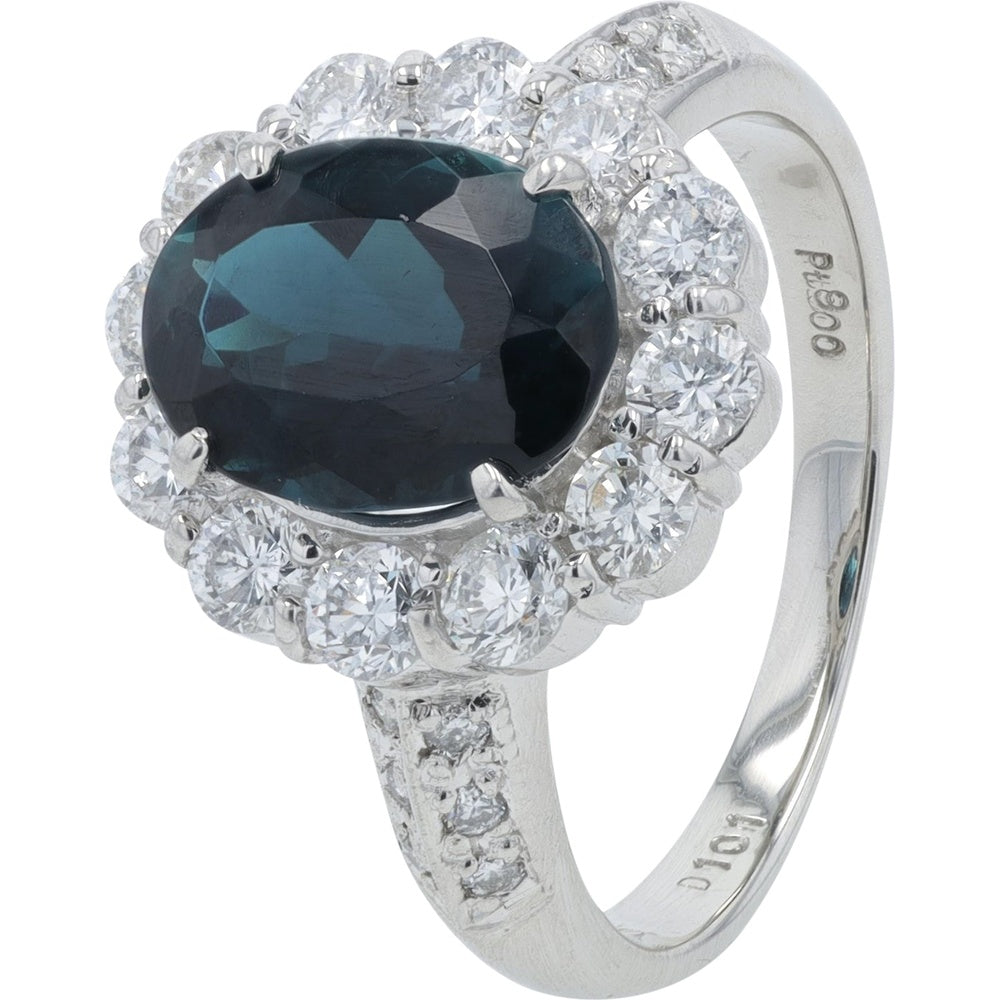 Platinum 900 Halo Ring with Oval Indicolite and Round Diamonds - 2.13 Carat Indicolite and 1.01 Carat Total Diamond Weight
