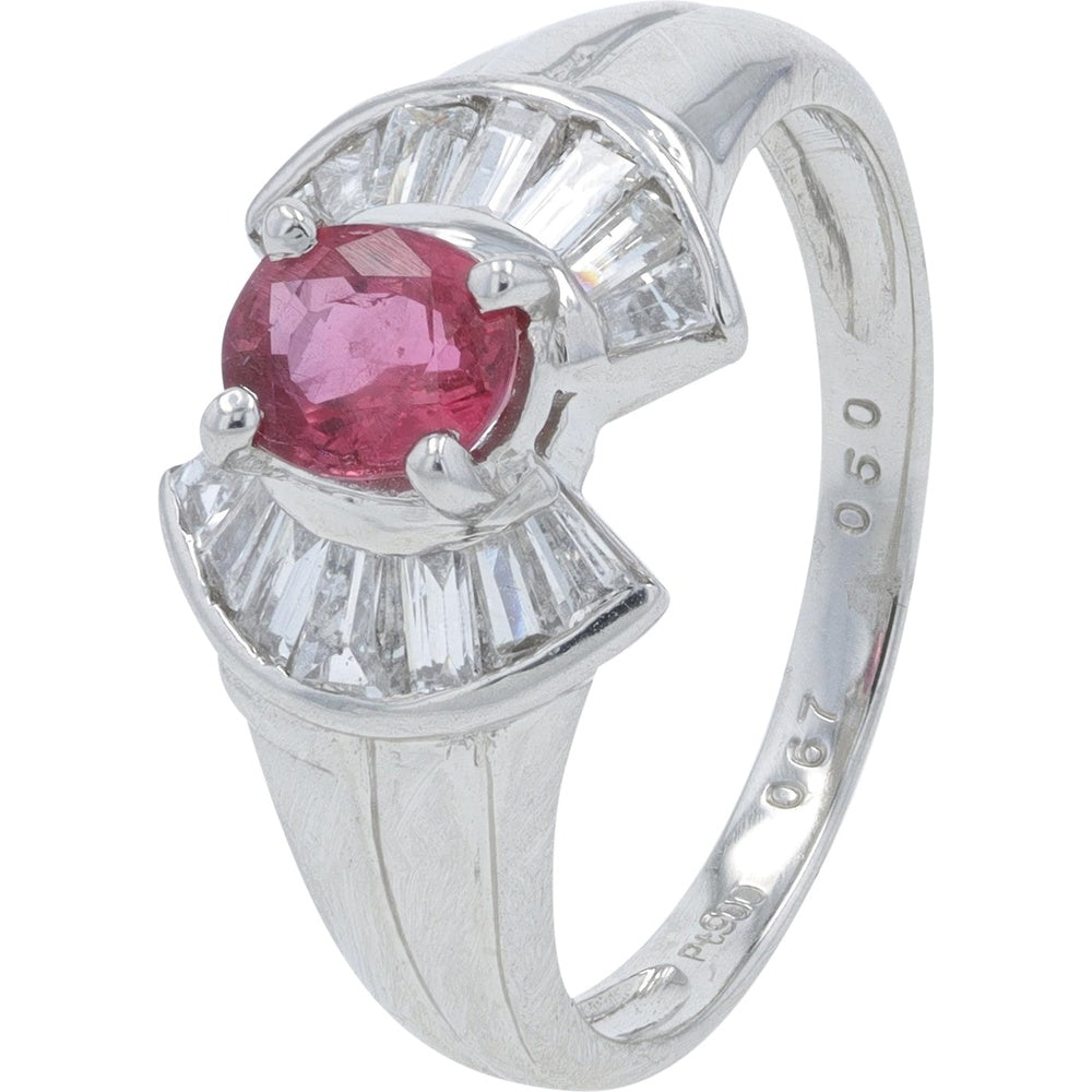 Platinum 900 Halo Ring with Oval Ruby and Channel-Set Baguette Diamonds - 0.67 Carat Ruby and 0.50 Carat Total Diamond Weight