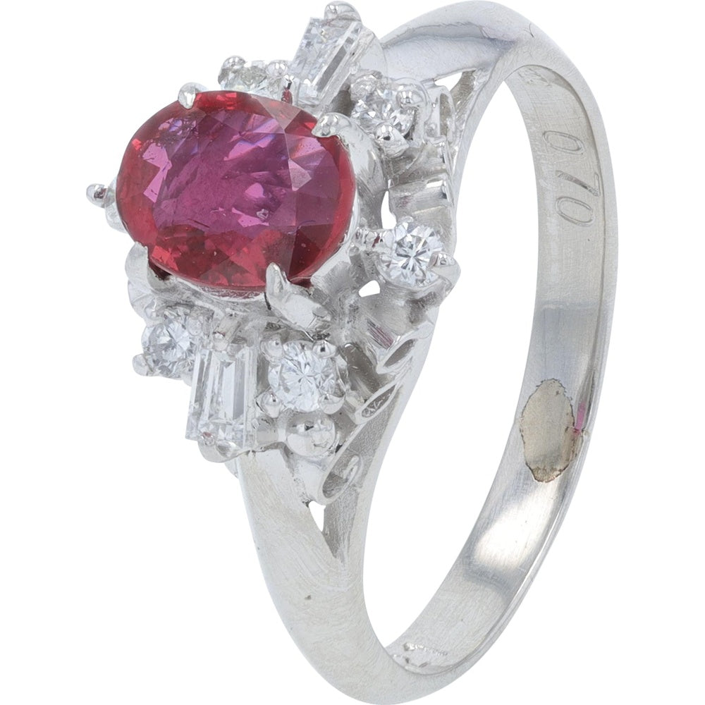 Platinum 900 Halo Ring with Oval Ruby and Mixed-Cut Diamond Accents - 0.70 Carat Ruby and 0.21 Carat Total Diamond Weight