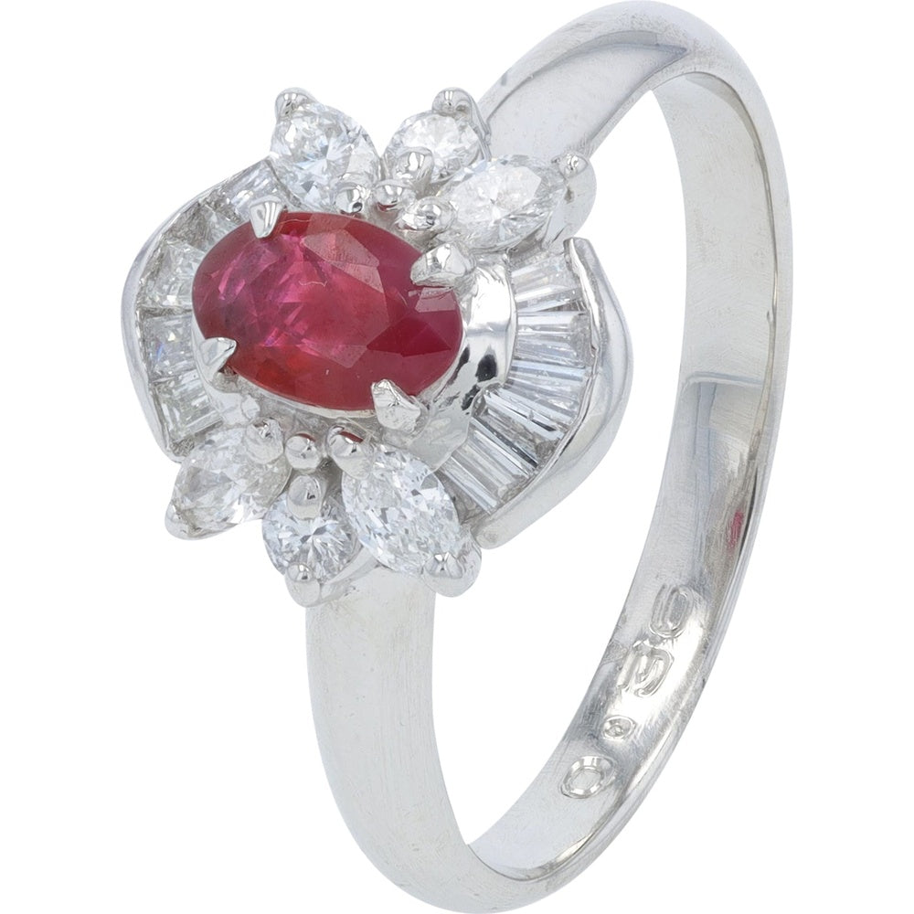 Platinum 900 Halo Ring with Oval Ruby and Mixed-Cut Diamonds - 0.36 Carat Ruby and 0.43 Carat Diamond Total Weight