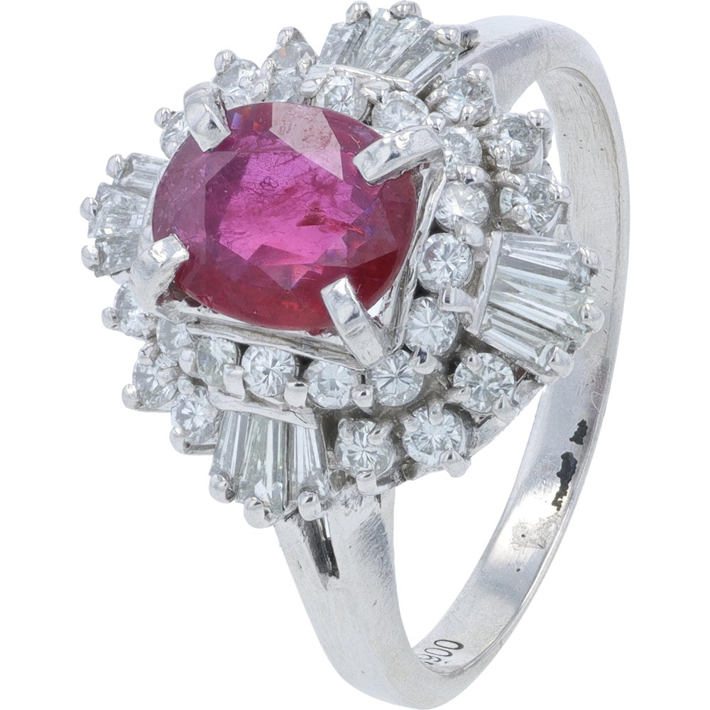 Platinum 900 Halo Ring with Oval Ruby and Mixed-Cut Diamonds - 1.38 Carat Ruby and 0.65 Carat Diamond Total Weight