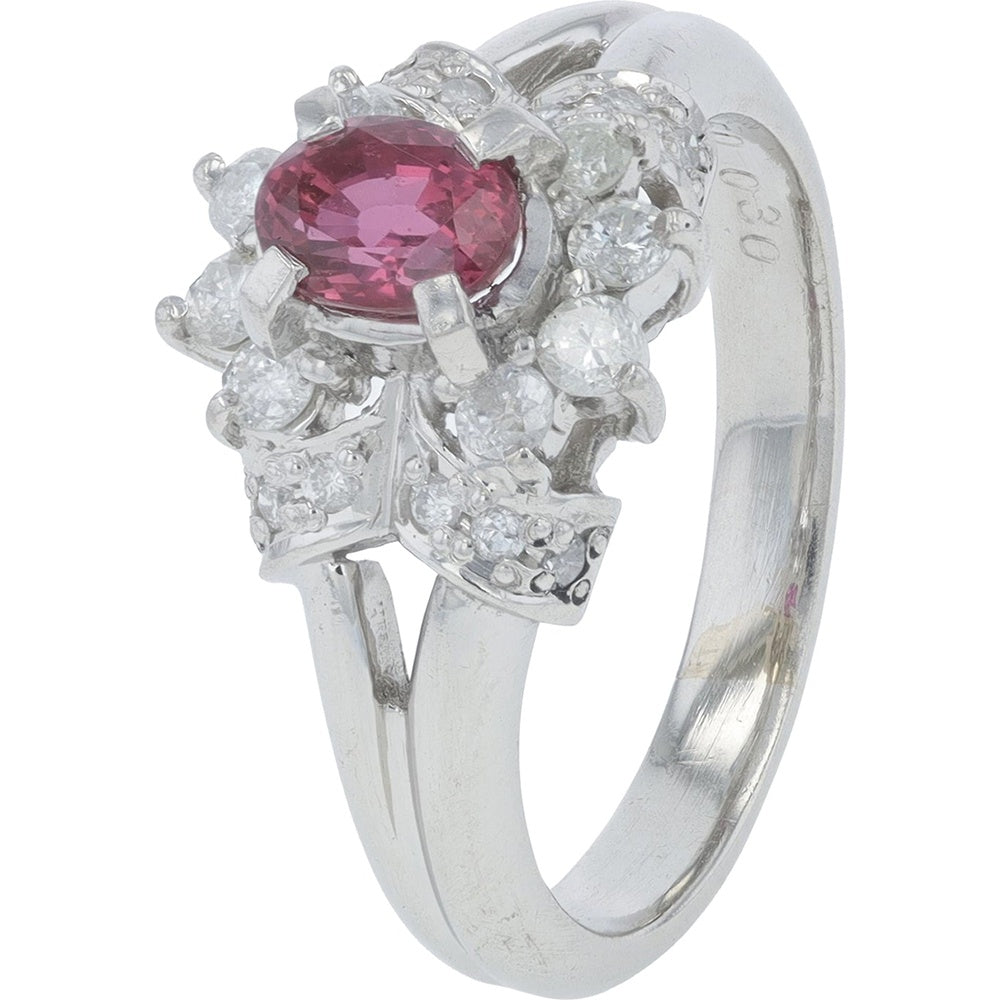 Platinum 900 Halo Ring with Oval Ruby and Round Diamonds - 0.30 Carat Ruby Center and 0.50 Carat Total Diamond Weight