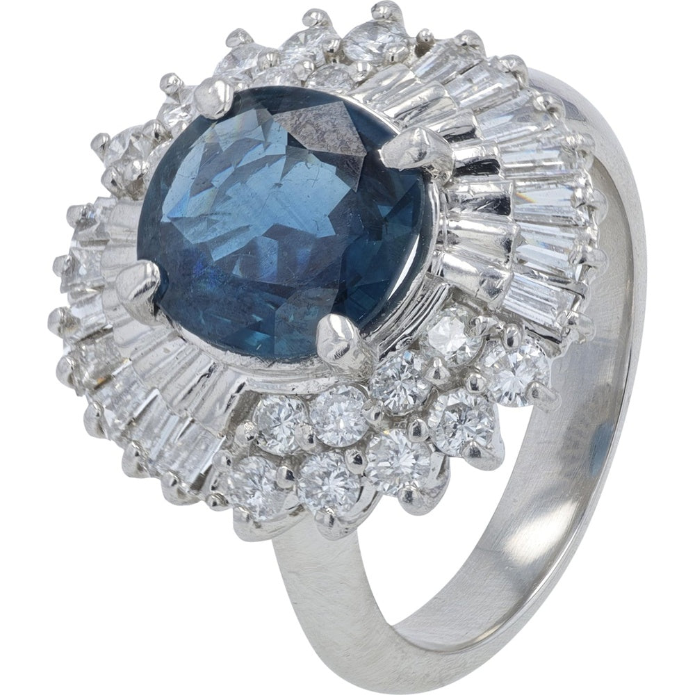 Platinum 900 Halo Ring with Oval Sapphire and Baguette & Round Diamond Accents - 2.46 Carat Total Sapphire Weight and 0.95 Carat Total Diamond Weight