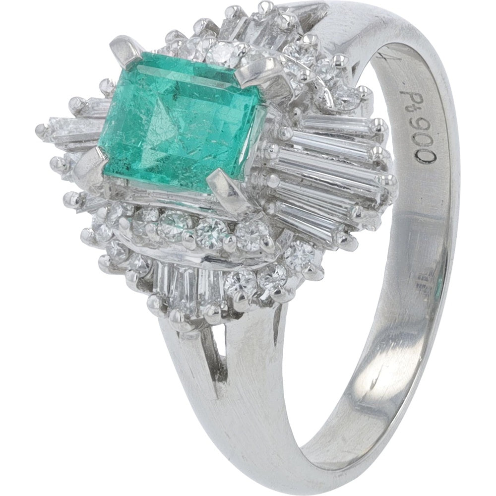 Platinum 900 Halo Ring with Rectangular Cut 0.64 Carat Emerald and 0.37 Carat Round and Baguette Diamonds - Size 4.75