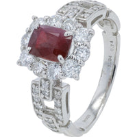 Platinum 900 Halo Ring with Rectangular Tanzanian Ruby and Pavé Set Round Diamonds - 1.04 Carat Ruby and 0.74 Carat Diamond Total Weight