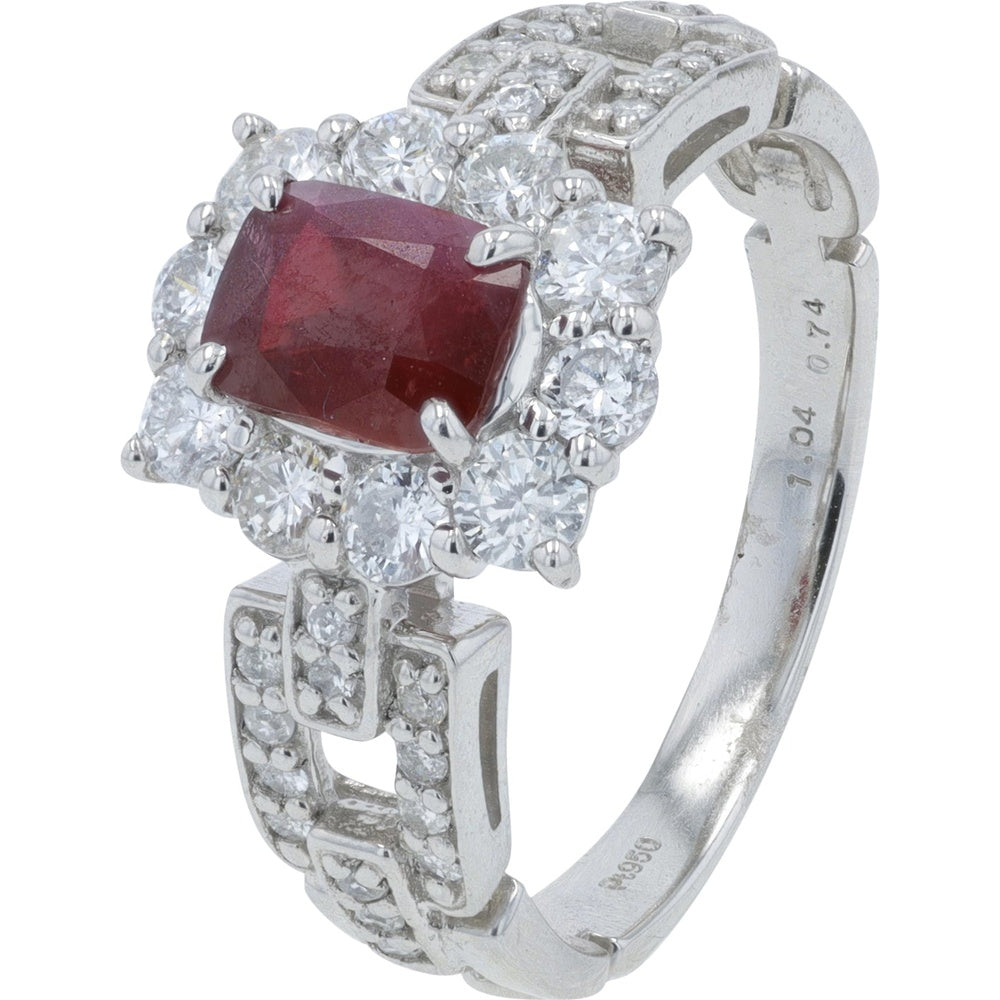 Platinum 900 Halo Ring with Rectangular Tanzanian Ruby and Pavé Set Round Diamonds - 1.04 Carat Ruby and 0.74 Carat Diamond Total Weight