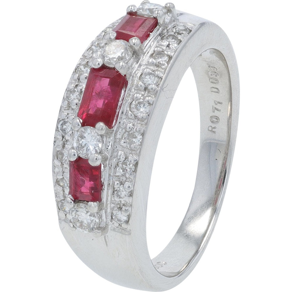 Platinum 900 Halo Ring with Step-Cut Rubies and Round Diamond Accents - 0.71 Carat Total Ruby Weight and 0.39 Carat Total Diamond Weight