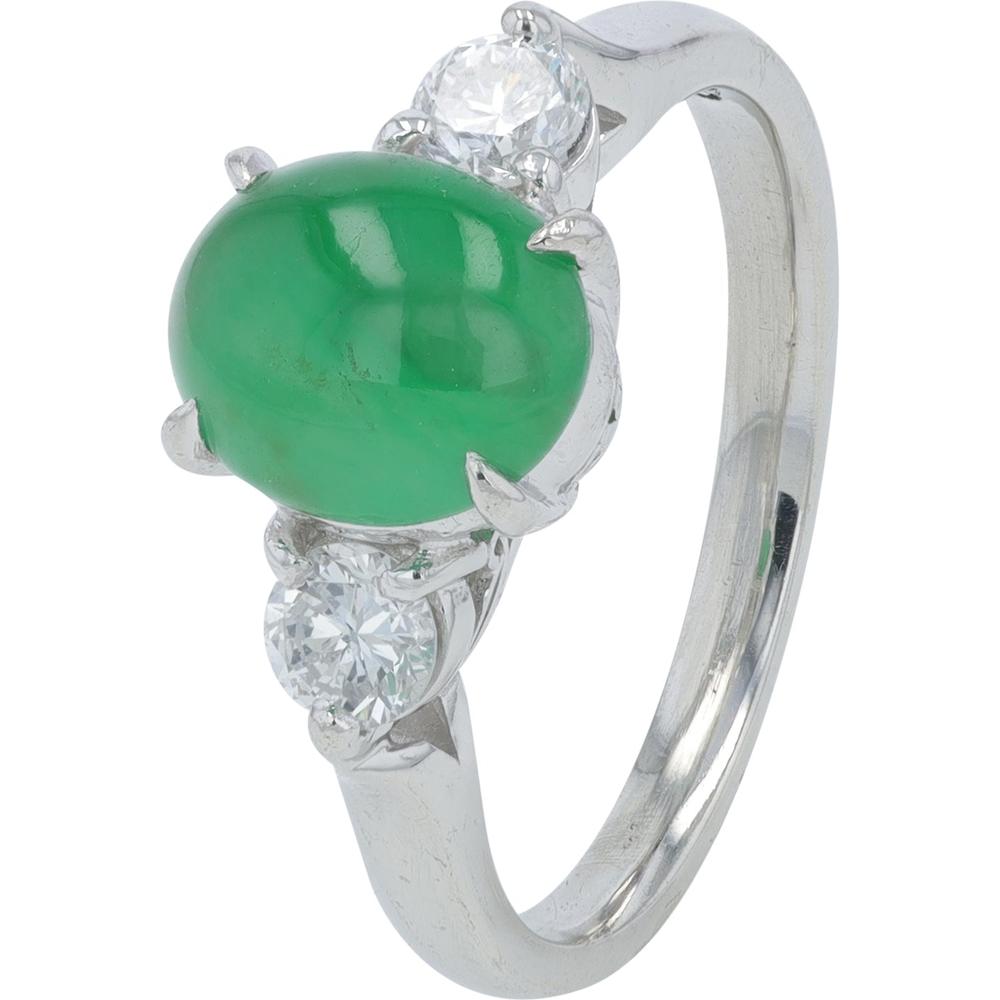 Platinum 900 Jade Center Ring with Round Diamond Accents - 0.33 Carat Total Diamond Weight