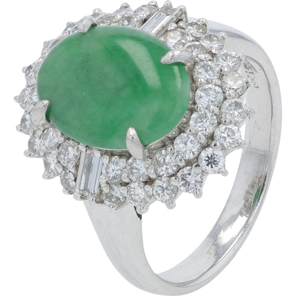 Platinum 900 Jade Ring with Halo of Round and Baguette Diamonds - 1.08 Carat Total Diamond Weight