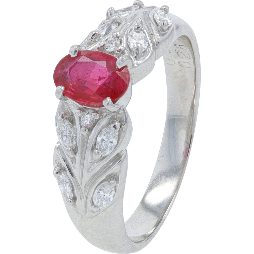 Platinum 900 Leaf Motif Ring with 0.57 Carat Oval Ruby and 0.26 Carat Round Diamond Accents