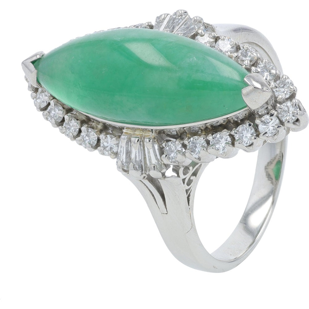 Platinum 900 Marquise-Cut Jade Ring with Round and Baguette Diamond Halo - 4.60 Carat Jade and 0.48 Carat Total Diamond Weight