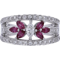 Platinum 900 Marquise Diamond and 0.65 Carat Ruby Center Ring with 0.73 Carat Diamond Accents