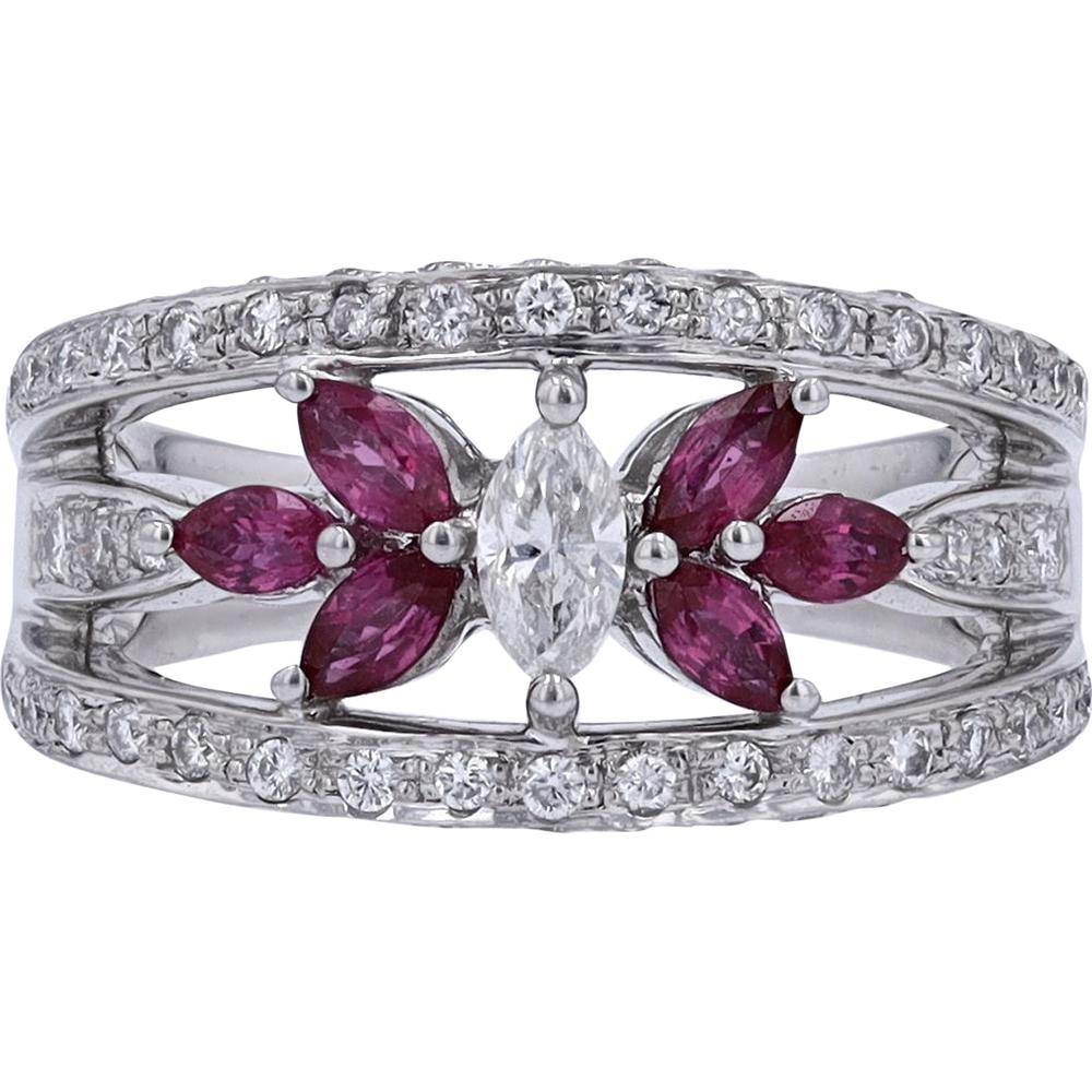 Platinum 900 Marquise Diamond and 0.65 Carat Ruby Center Ring with 0.73 Carat Diamond Accents