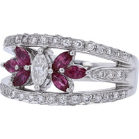 Platinum 900 Marquise Diamond and 0.65 Carat Ruby Center Ring with 0.73 Carat Diamond Accents