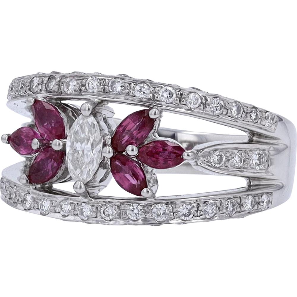 Platinum 900 Marquise Diamond and 0.65 Carat Ruby Center Ring with 0.73 Carat Diamond Accents