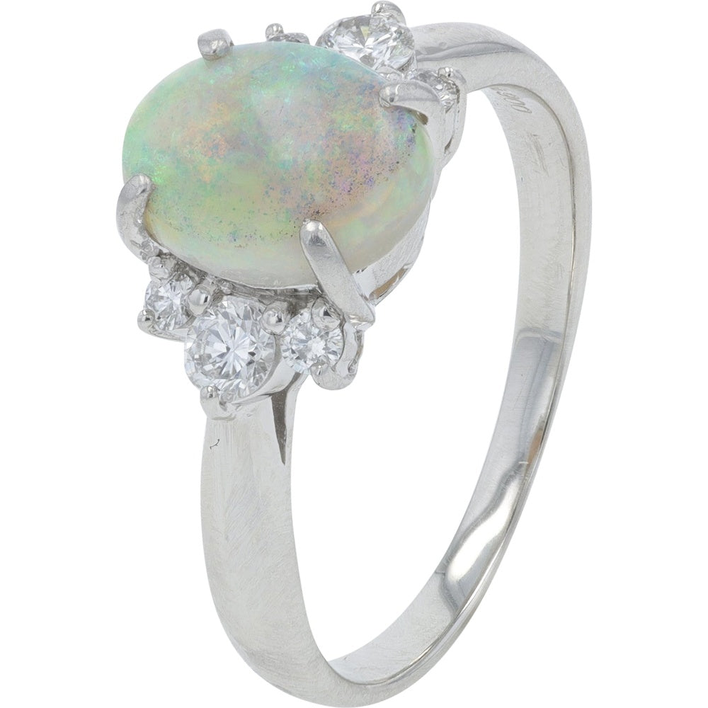 Platinum 900 Opal and Diamond Cluster Ring - 1.24 Carat Opal with 0.27 Carat Total Diamond Weight