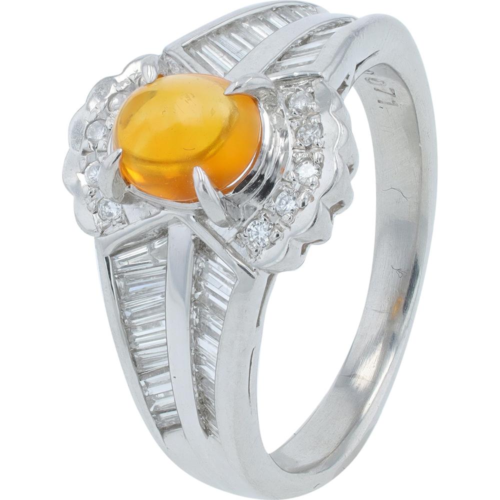 Platinum 900 Opal Center Ring with Baguette Diamond Accents - 0.71 Carat Total Diamond Weight