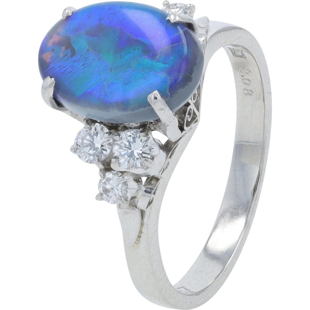 Platinum 900 Oval Black Opal Ring with Side-Set Round Diamonds - 2.08 Carat Black Opal and 0.27 Carat Total Diamond Weight