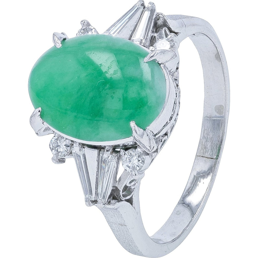 Platinum 900 Oval Cabochon Jade Ring with Baguette and Round Diamond Accents - 2.30 Carat Jade and 0.30 Carat Total Diamond Weight