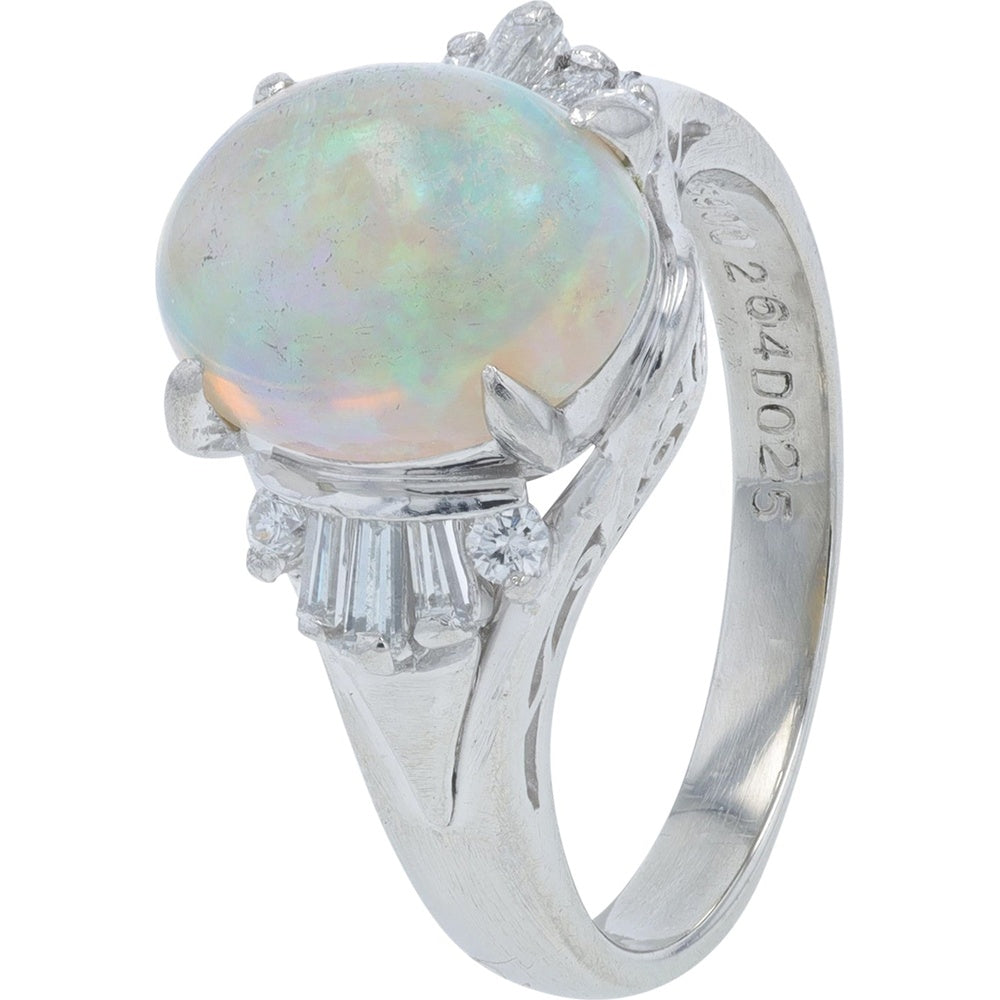 Platinum 900 Oval Cabochon Opal Ring with Baguette and Round Diamond Accents - 2.64 Carat Opal and 0.25 Carat Total Diamond Weight