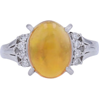 Platinum 900 Oval Cabochon Opal Ring with Round Diamond Accents - 2.075 Carat Opal and 0.16 Carat Total Diamond Weight