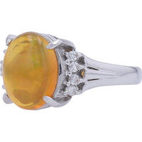 Platinum 900 Oval Cabochon Opal Ring with Round Diamond Accents - 2.075 Carat Opal and 0.16 Carat Total Diamond Weight